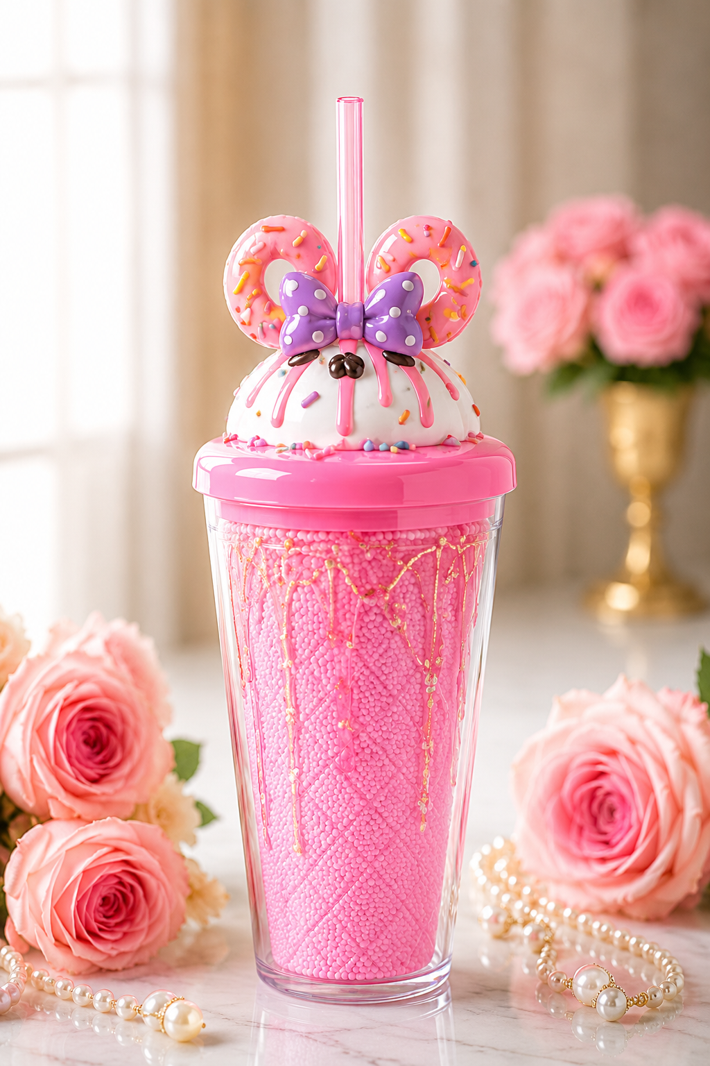 Pink Glitter Drip Cup ā Ice cream wafer Bow Topper