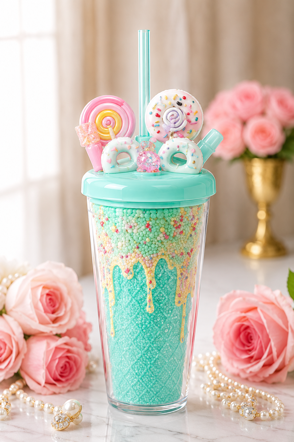 Teal Glitter Drip Cup — Donut Topper