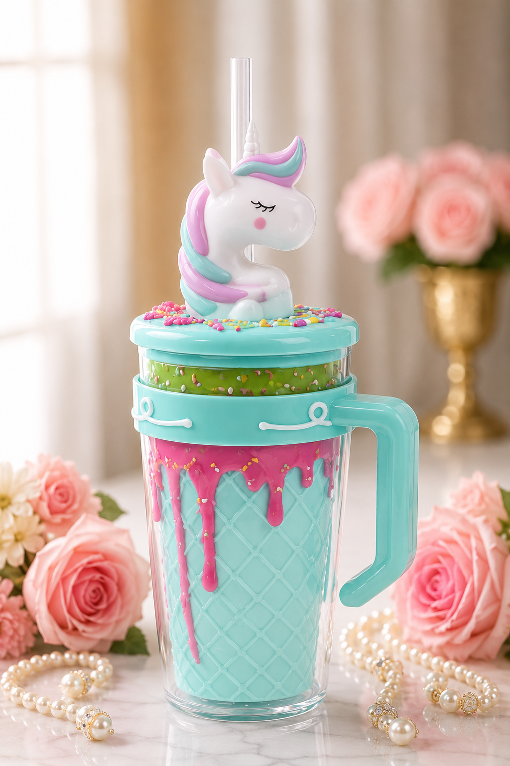 Teal Glitter Drip Cup — Unicorn Topper